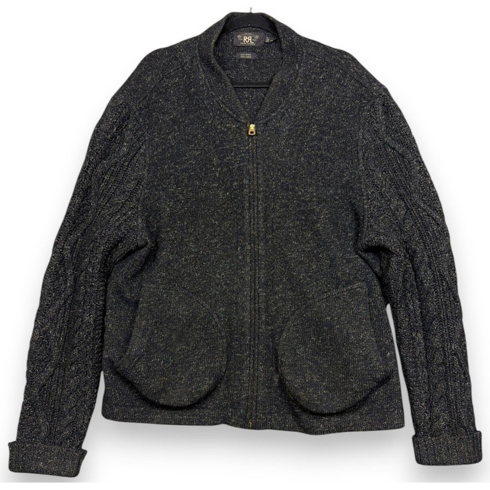 RRL Ralph Lauren Cardigan Mens 2XL Gray Wool Linen Full Zip Up Cable Knit Cinch
